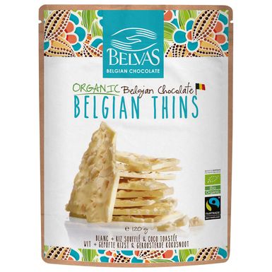 KAWAŁKI CZEKOLADY BIAŁEJ Z EKSPANDOWANYM RYŻEM I PRAŻONYM KOKOSEM FAIR TRADE BEZGLUTENOWE BIO 120g 