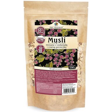 MUSLI OWSIANE CZEKOLADOWE Z CZARNĄ PORZECZKĄ BEZ DODATKU CUKRÓW BEZGLUTENOWE 500g 