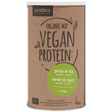 IZOLAT BIAŁKA GROCHU I RYŻU O SMAKU BANANA I WANILII BEZGLUTENOWY BIO 400g 