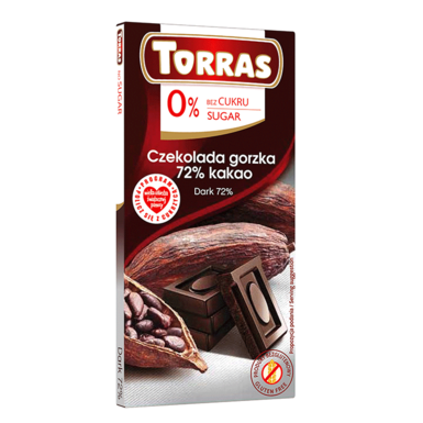 CZEKOLADA GORZKA 72 % BEZ CUKRU BEZGLUTENOWA 75g 