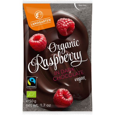 MALINY LIOFILIZOWANE W GORZKIEJ CZEKOLADZIE FAIR TRADE BEZGLUTENOWE BIO 50g 