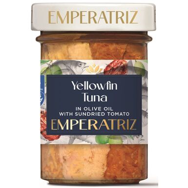 TUŃCZYK ŻÓŁTOPŁETWY FILETY MSC W OLIWIE Z OLIWEK Z SUSZONYMI POMIDORAMI 180g (120g) (SŁOIK) 