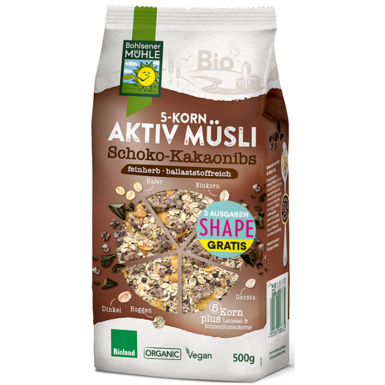 MUSLI 5 ZBÓŻ Z KAWAŁKAMI CZEKOLADY I PRAŻONYMI ZIARNAMI KAKAOWCA BIO 500g 