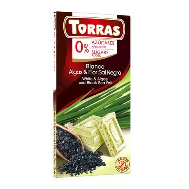 CZEKOLADA BIAŁA Z ALGAMI I CZARNĄ SOLĄ MORSKĄ BEZ DODATKU CUKRU BEZGLUTENOWA 75g 