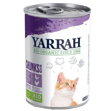 (DLA KOTA DOROSŁEGO) KAWAŁKI KURCZAKA I INDYKA Z POMIDOREM I POKRZYWĄ BIO 405g 