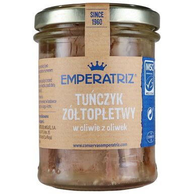 TUŃCZYK ŻÓŁTOPŁETWY FILETY MSC W OLIWIE Z OLIWEK 180g (120g) (SŁOIK) 