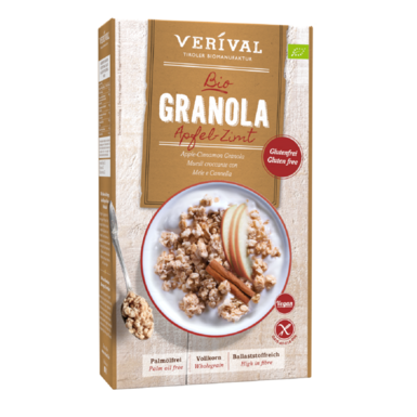 GRANOLA BŁONNIKOWA Z JABŁKIEM I CYNAMONEM BEZGLUTENOWA BIO 325g 