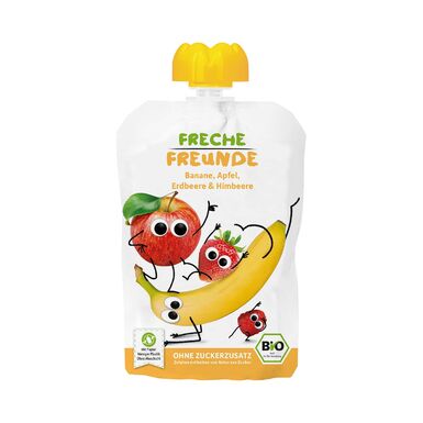 MUS BANAN JABŁKO TRUSKAWKA MALINA BEZ DODATKU CUKRÓW BEZGLUTENOWY OD 6 MIESIĄCA BIO 100g 